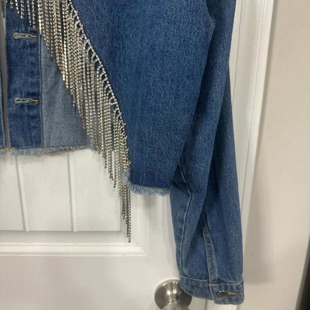One of a kind statement cropped upcycled western disco denim jacket. Large - Picture 8 of 8